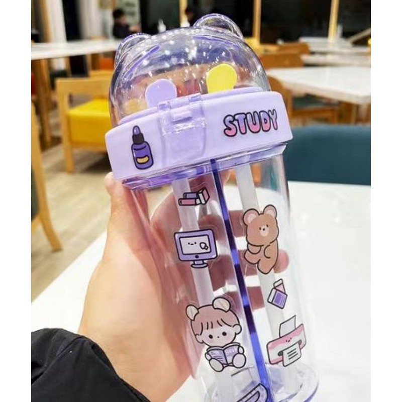 Cartoon Cute Rainbow Cup with Straw BPA Free Woman Girl Water Bottle For  Juice Milk Coffee Double-layer Plastic Drink Bottle